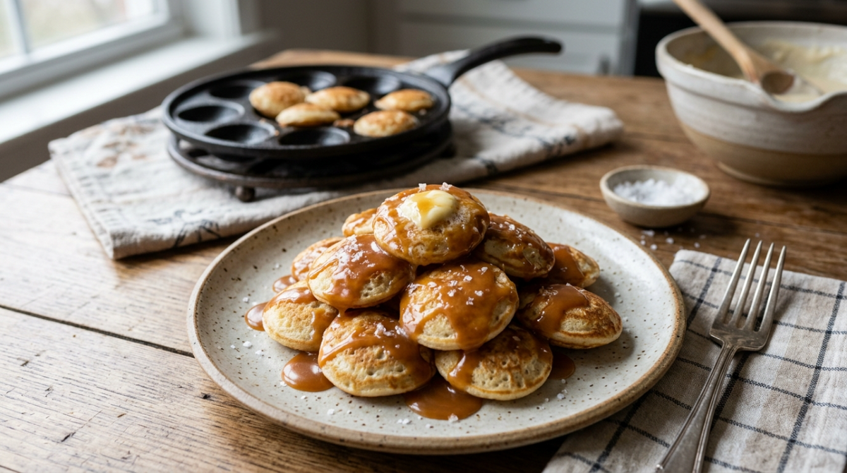 Light poffertjes with a rich, homemade salted caramel sauce