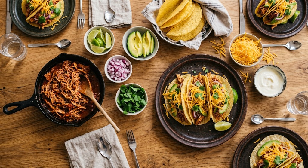 Juicy pulled chicken, crispy toppings and homemade tacos for a real fiesta night.