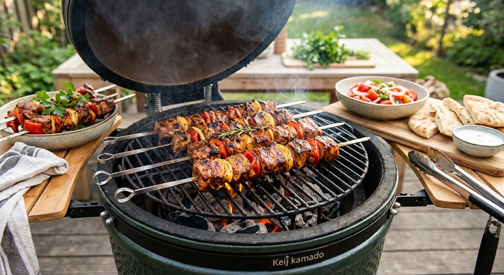 Juicy meat skewers with bell pepper and onion, straight from the grill