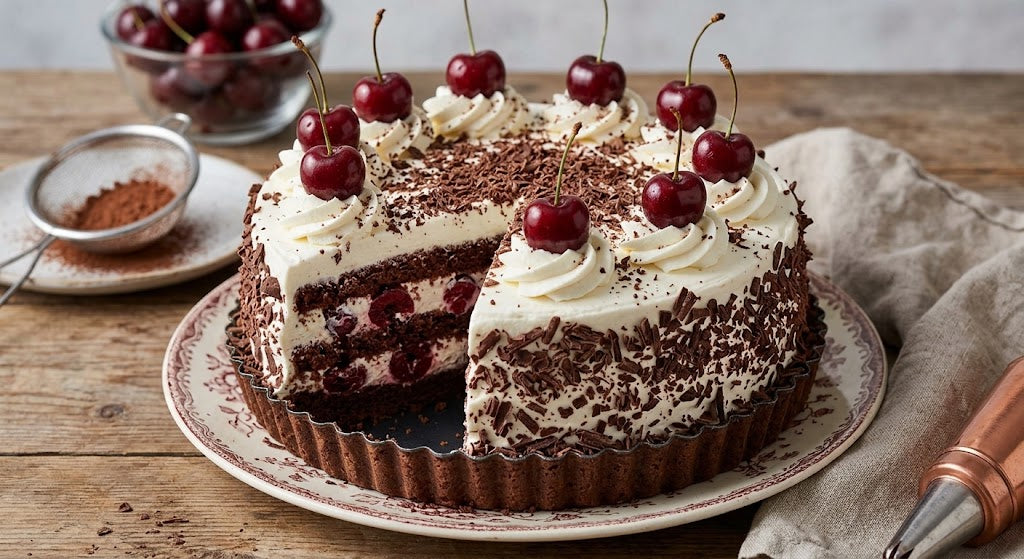 The classic German cake in a beautiful fluted tart pan.
