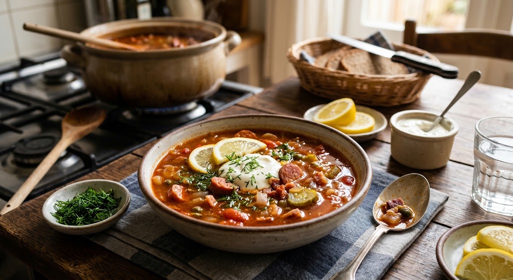 A rich, tart soup full of smoked sausage and pickles