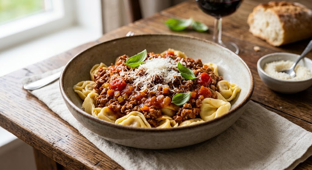 De klassieke bolognese, maar dan met gevulde tortellini voor extra bite.