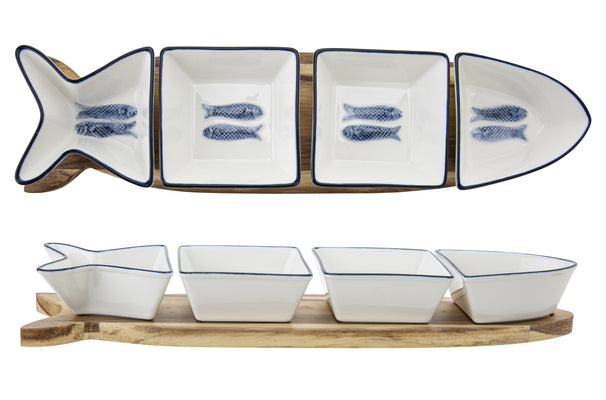 Cosy & Trendy Serving Board with Bowls Branzino 5-Piece - White & Blue - 37 x 9.5 cm