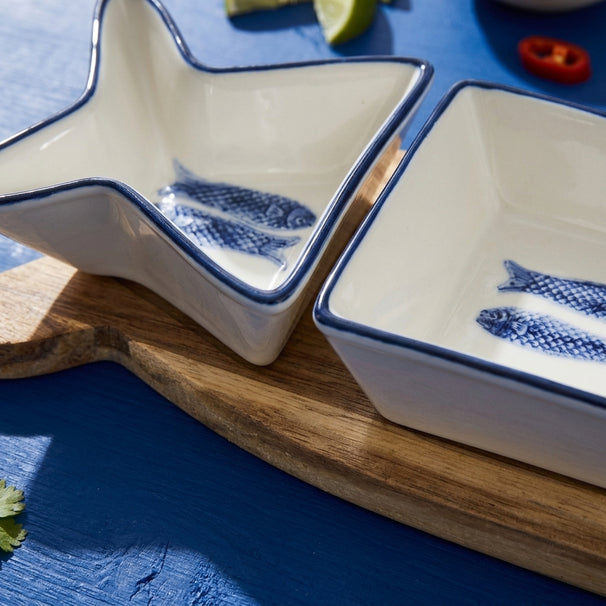 Cosy & Trendy Serving Board with Bowls Branzino 5-Piece - White & Blue - 37 x 9.5 cm