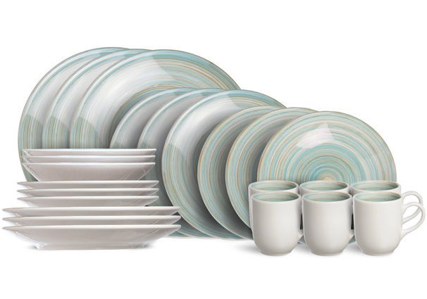 Cosy & Trendy Juego de vajilla Turbolino - Azul 24 piezas / 6 personas - 6 platos llanos, 6 platos hondos, 6 platos para desayuno y 6 tazas
