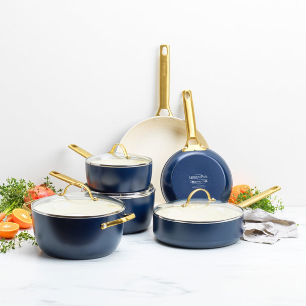 GreenPan Cookware Set Padova Reserve Oxford Blue 6-piece - Cooking Pot ø 24 cm, Saucepan ø 18, 20 cm, Frying Pan ø 20, 28 cm & Sauté Pan ø 24 cm - ceramic non-stick coating