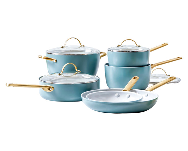 GreenPan Cookware Set Padova Reserve Smokey Blue 6-piece - Cooking Pot ø 24 cm, Saucepan ø 18, 20 cm, Frying Pan ø 20, 28 cm & Sauté Pan ø 24 cm - ceramic non-stick coating