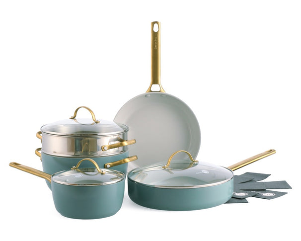 GreenPan Cookware Set Padova Reserve Smokey Blue 7-piece - Saucepan ø 18 cm, Cooking Pot ø 24 cm, Frying Pan ø 26 cm, Sauté Pan ø 28 cm & Steamer Insert - ceramic non-stick coating