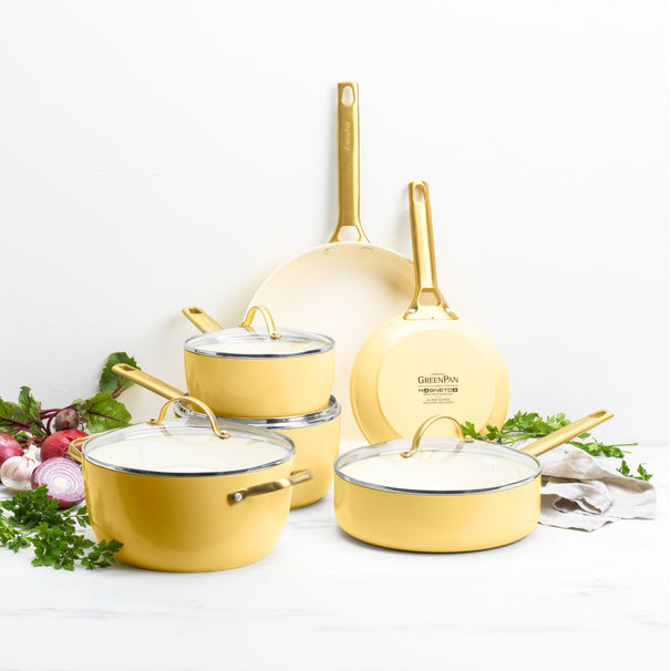 GreenPan Cookware Set Padova Reserve Sunshine Yellow 6-piece - Cooking Pot ø 24 cm, Saucepan ø 18, 20 cm, Frying Pan ø 20, 28 cm & Sauté Pan ø 24 cm - ceramic non-stick coating