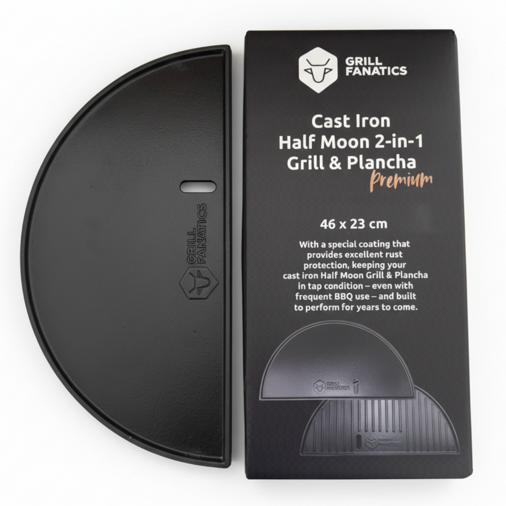 Cookinglife Half Moon Grill Plate / Cast Iron Plancha - Double-sided - Suitable for 46 cm Kamados