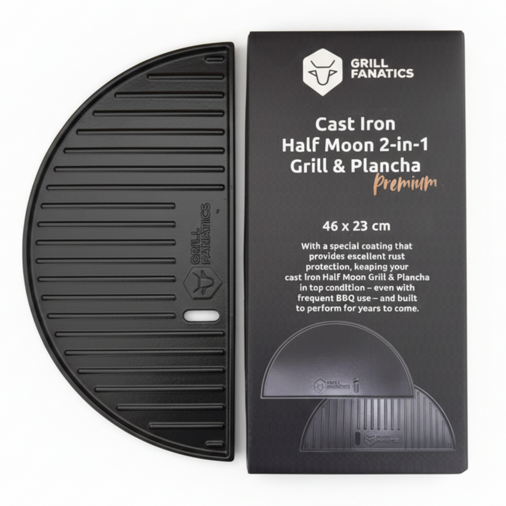 Cookinglife Half Moon Grill Plate / Cast Iron Plancha - Double-sided - Suitable for 46 cm Kamados