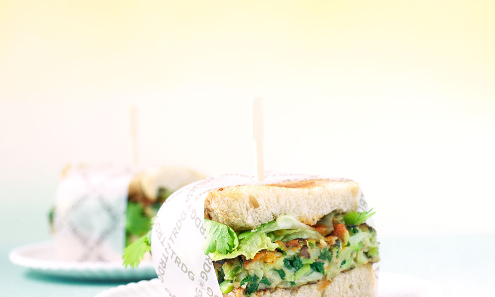 A flavorful vegetarian burger with fava beans, spinach and coriander