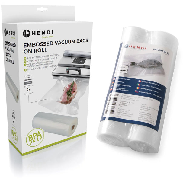 Bolsas de vacío con relieve en rollo Hendi - Bolsas Sous Vide - 28 x 600 cm - Compatibles con máquinas de vacío FoodSaver - 2 piezas