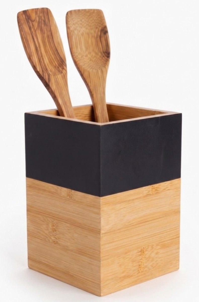 Cosy & Trendy Utensil Holder Black & Wood - 10 x 10 x 14.5 cm