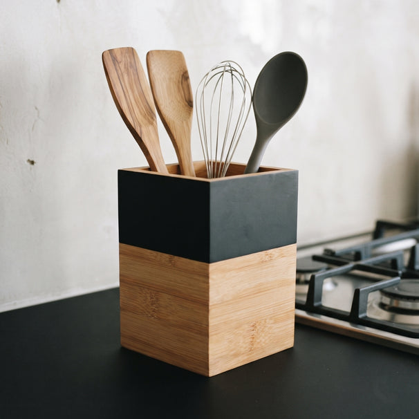 Cosy & Trendy Spatelpot Negro & Madera - 10 x 10 x 14.5 cm