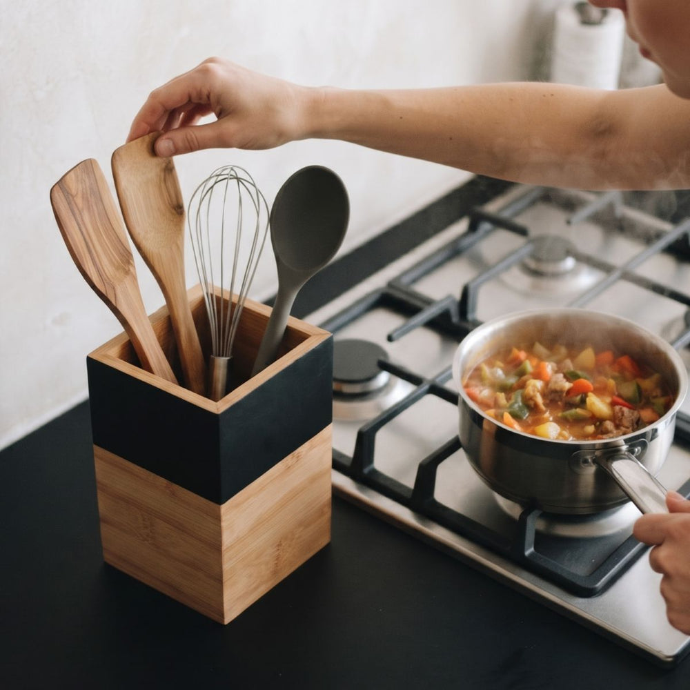 Cosy & Trendy Utensil Holder Black & Wood - 10 x 10 x 14.5 cm