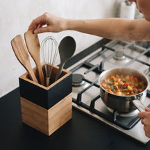 Cosy & Trendy Utensil Holder Black & Wood - 10 x 10 x 14.5 cm