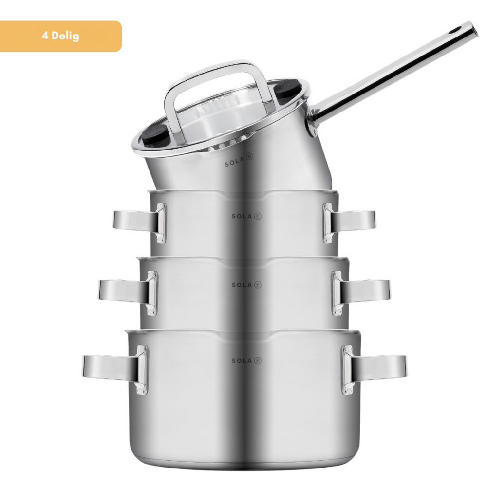 Sola Cookware set Juvia 4-piece stainless steel – downdraft suitable – cooking pots Ø 16, 18, 20 cm & saucepan Ø 16 cm – suitable for all heat sources