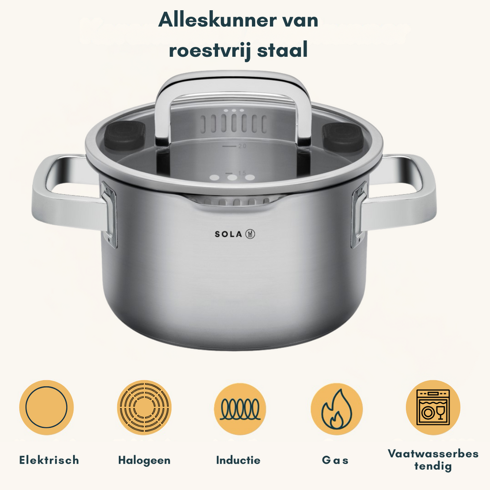 Sola Cookware set Juvia 4-piece stainless steel – downdraft suitable – cooking pots Ø 16, 18, 20 cm & saucepan Ø 16 cm – suitable for all heat sources