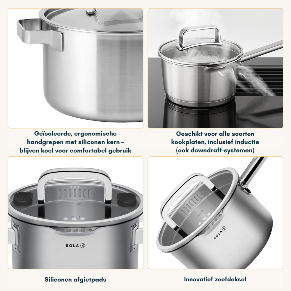 Sola Cookware set Juvia 4-piece stainless steel – downdraft suitable – cooking pots Ø 16, 18, 20 cm & saucepan Ø 16 cm – suitable for all heat sources