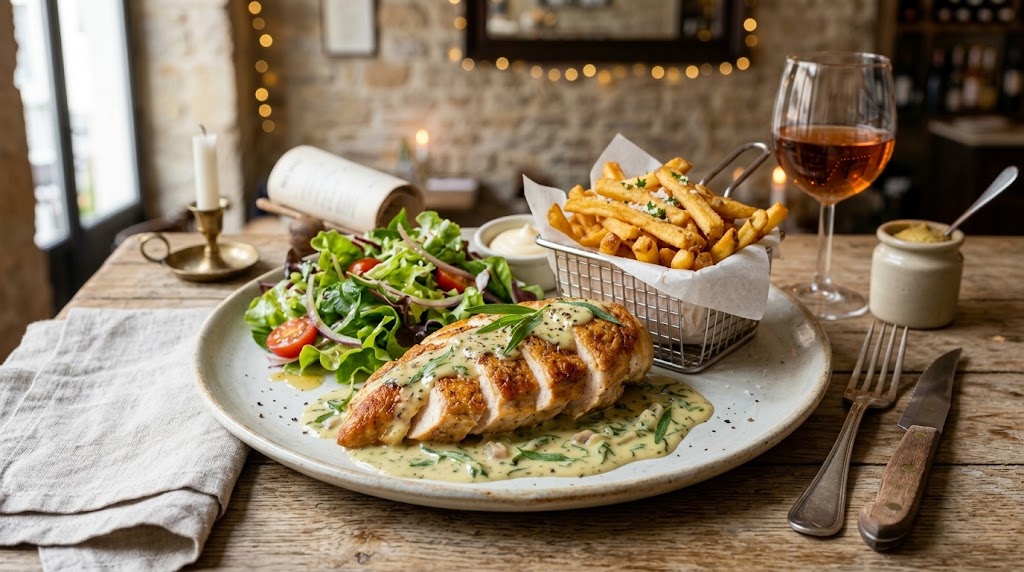 Golden-brown seared chicken fillet with a classic pan cream sauce