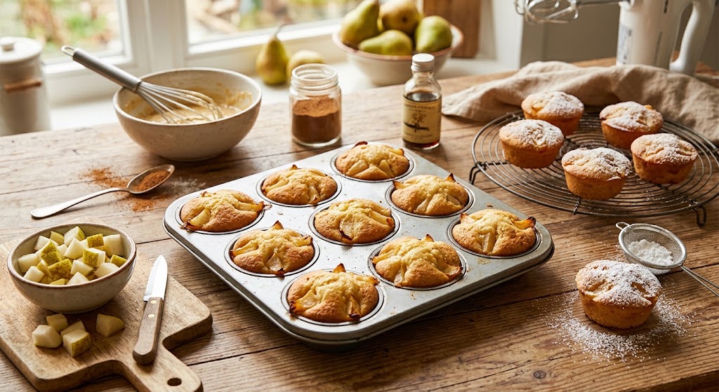 Soft mini-cakes with pear and a hint of cinnamon, perfect for twelve people at once.