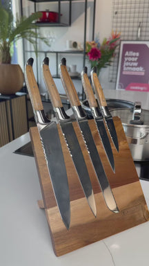 Bloque de cuchillos magnético Blackwell - Set de cuchillos de chef - Laguiole - Madera de olivo - Cuchillo de chef, cuchillo de pan, cuchillo de carne, cuchillo de oficina y cuchillo pelador 6 piezas