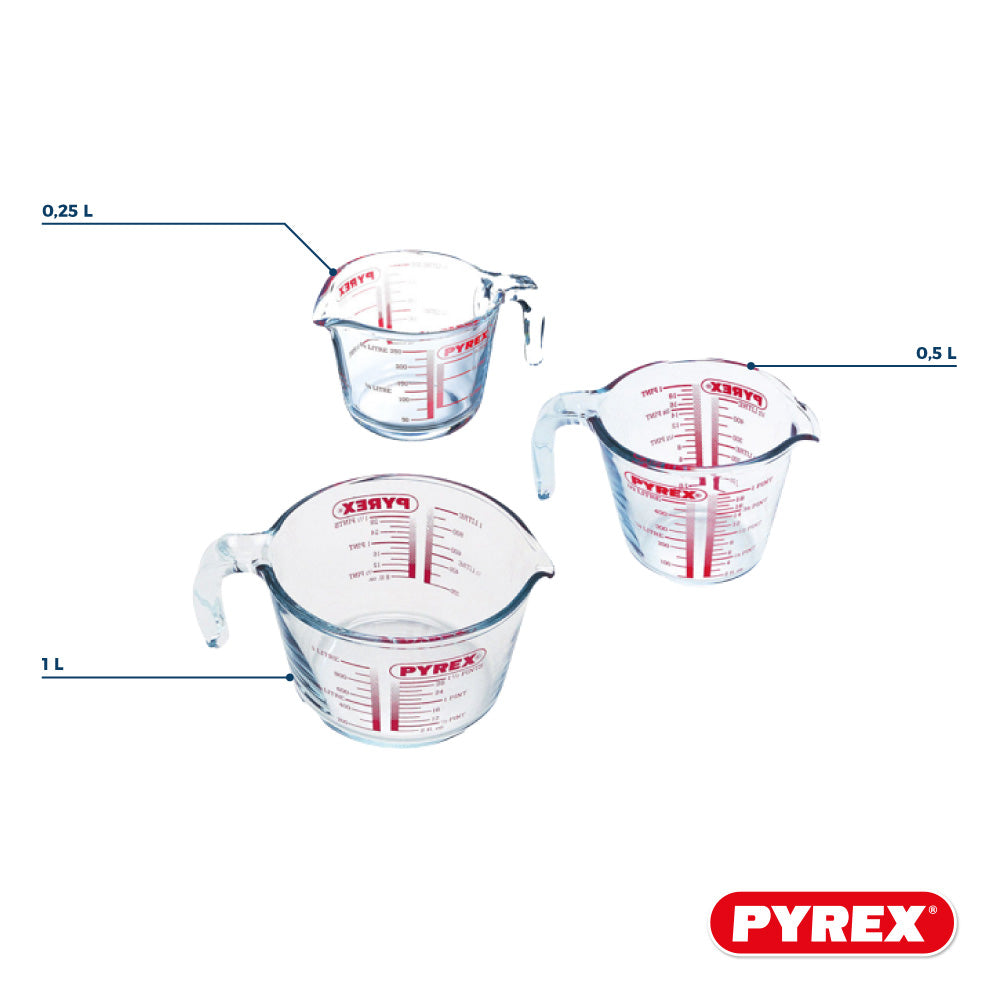 Pyrex Glass Measuring Cup Set Iconics' 3-Piece - 250 ml, 500 ml & 1 Liter