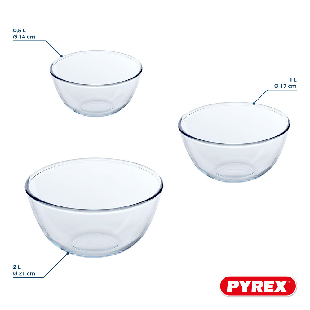 Pyrex Glass Mixing Bowl Set Iconics' 3-Piece - 500ml, 1 Liter & 2 Liter