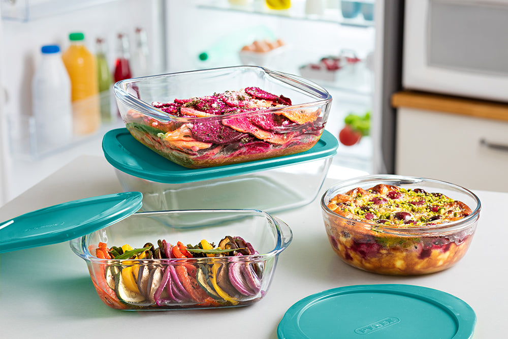 Pyrex Glass Oven Dish Set with Lid Cook & Store 3-piece - 400 ml, 1.1 Liter & 2.5 Liter
