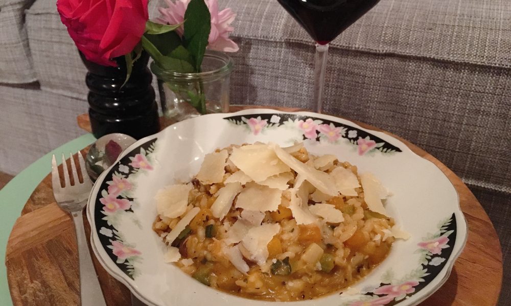 Risotto cremoso de calabaza, calabacín y setas