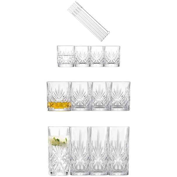 Schott Zwiesel Bar Glass Set Show 17-Piece - Long Drink, Whisky & Shot Glasses with Straws