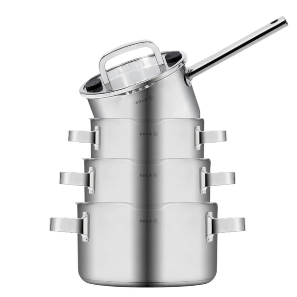 Sola Set de ollas Juvia 4 piezas Acero inoxidable - Compatible con campana extractora - Olla de cocina ø 16, 18, 20 cm y cazo ø 16 cm - apto para todas las fuentes de calor