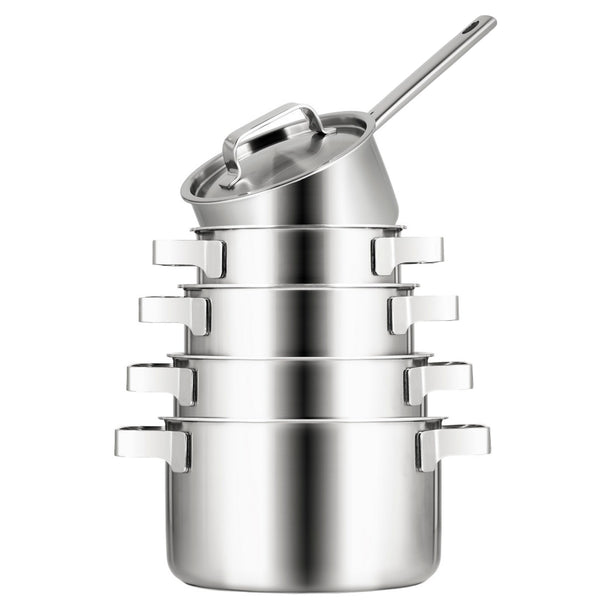 Sola Cookware Set Ruby 5-Piece Premium Triply Stainless Steel - Cooking Pot ø 16, 18, 20, 24 cm & Saucepan ø 16 cm - Suitable for All Heat Sources