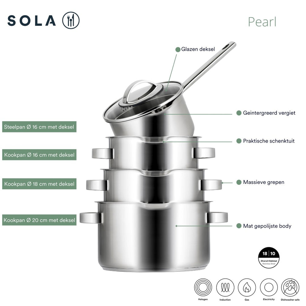 Sola Cookware set Pearl 4-piece stainless steel – downdraft suitable – cooking pots Ø 16, 18, 20 cm & saucepan Ø 16 cm – suitable for all heat sources