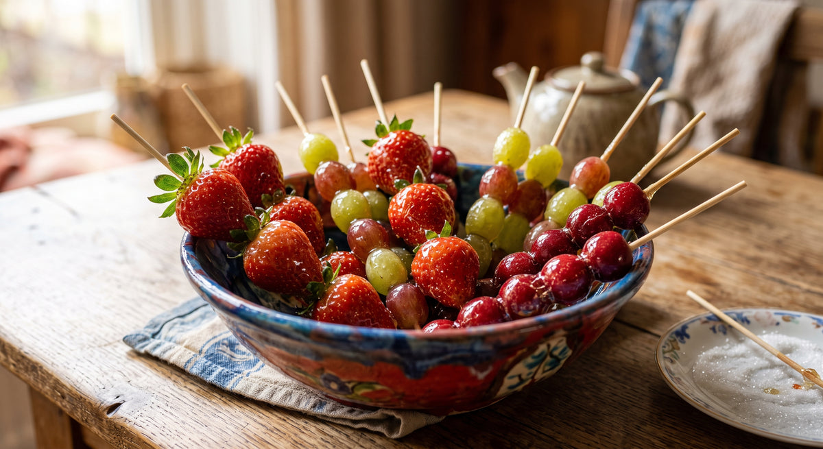 Crispy caramelized fruit on a stick