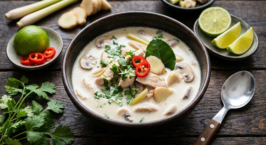 Creamy Thai coconut soup with chicken and ginger