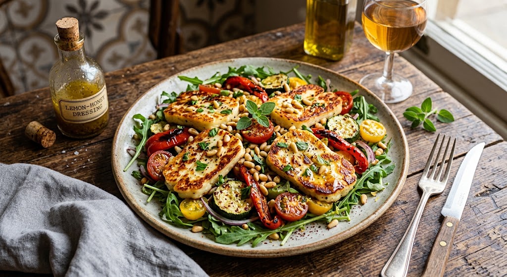A rich, lukewarm salad with a lightly charred edge.