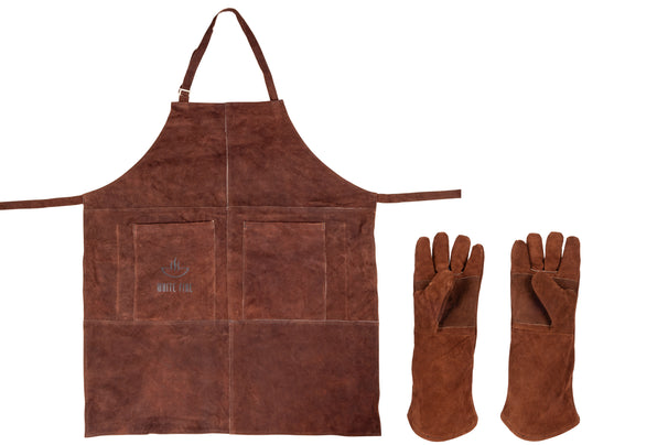 White Fire BBQ Apron & Gloves Set Leather - Brown - 3-Piece