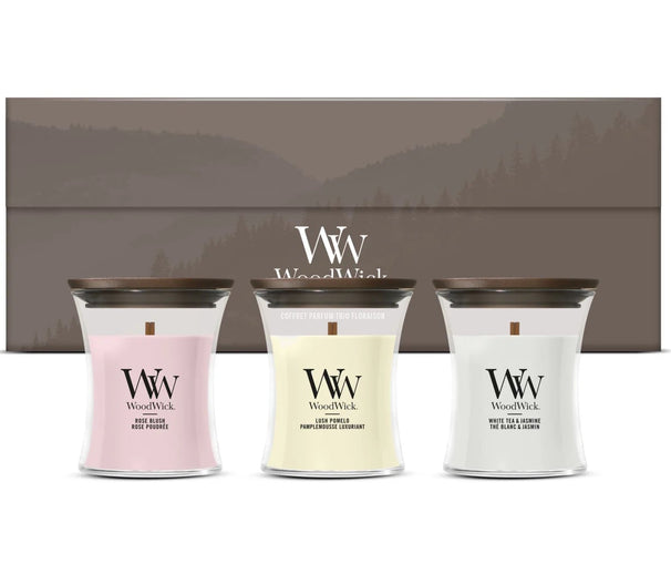 WoodWick Gift Set Scented Candles Mini Blooming Trio - 3 Pieces - Scented Candle in Glass - Wooden Wick