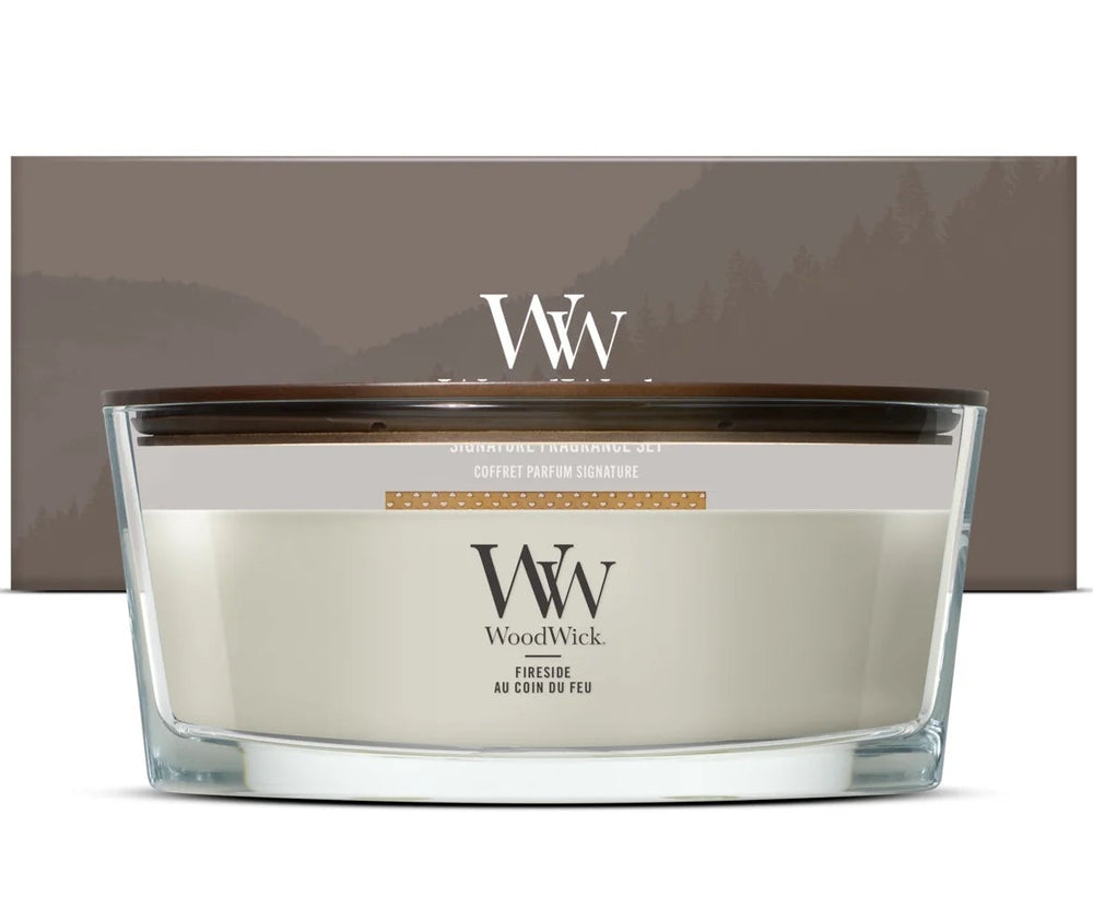 WoodWick Set de Regalo Vela Aromática Ellipse Fireside - Vela en Vidrio - Mecha de Madera