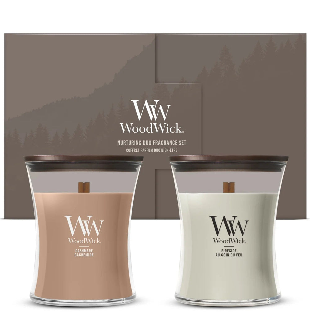 WoodWick Gift Set Scented Candles Medium Fireside & Cashmere - 2 Pieces - Scented Candle in Glass - Wooden Wick