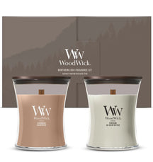 WoodWick Gift Set Scented Candles Medium Fireside & Cashmere - 2 Pieces - Scented Candle in Glass - Wooden Wick
