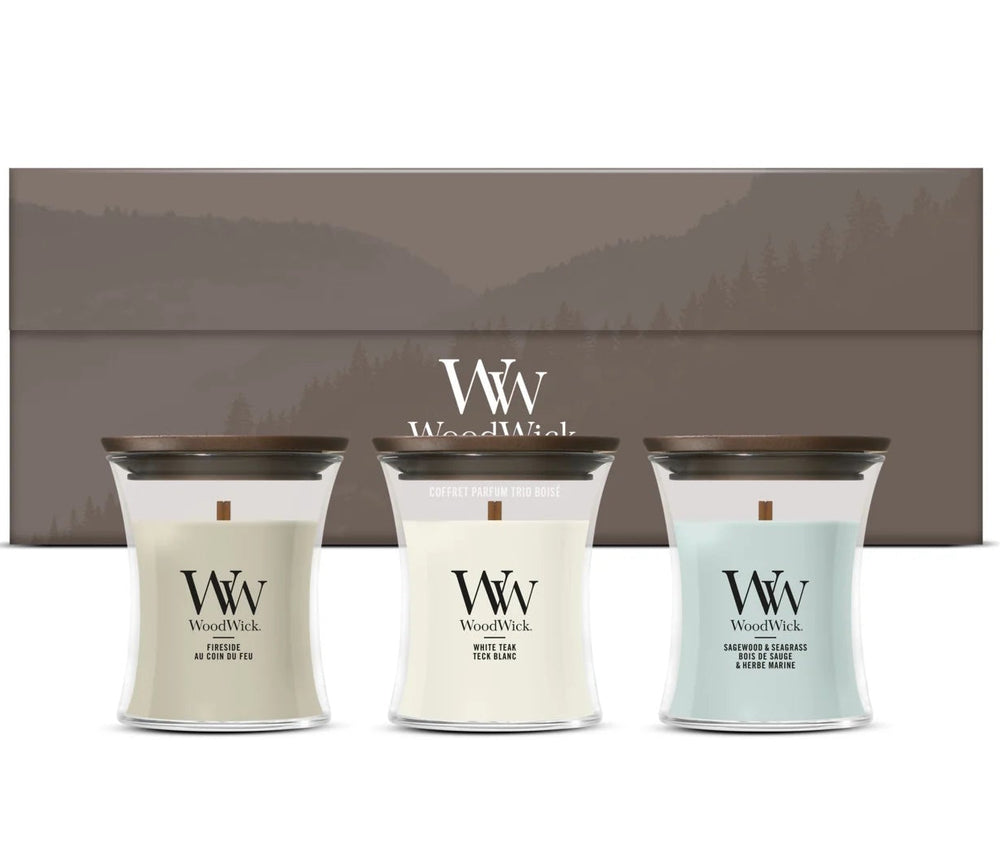 WoodWick Gift Set Scented Candles Mini Woodland Trio - 3 Pieces - Scented Candle in Glass - Wooden Wick
