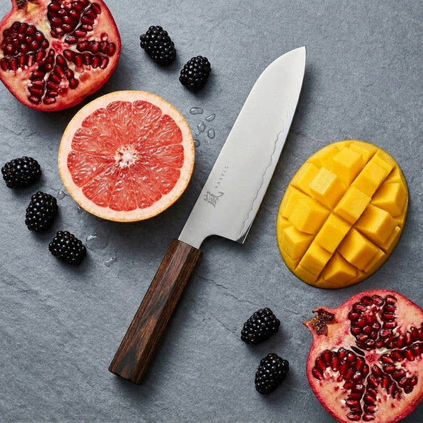 Yaxell Cuchillo Santoku Hana 12.5 cm - Acero inoxidable de 3 capas - mango de madera Pakkah marrón oscuro