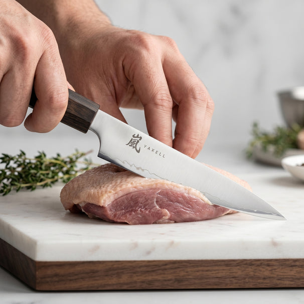 Yaxell Cuchillo para carne Hana 15 cm - Acero inoxidable de 3 capas - mango de madera Pakkah marrón oscuro