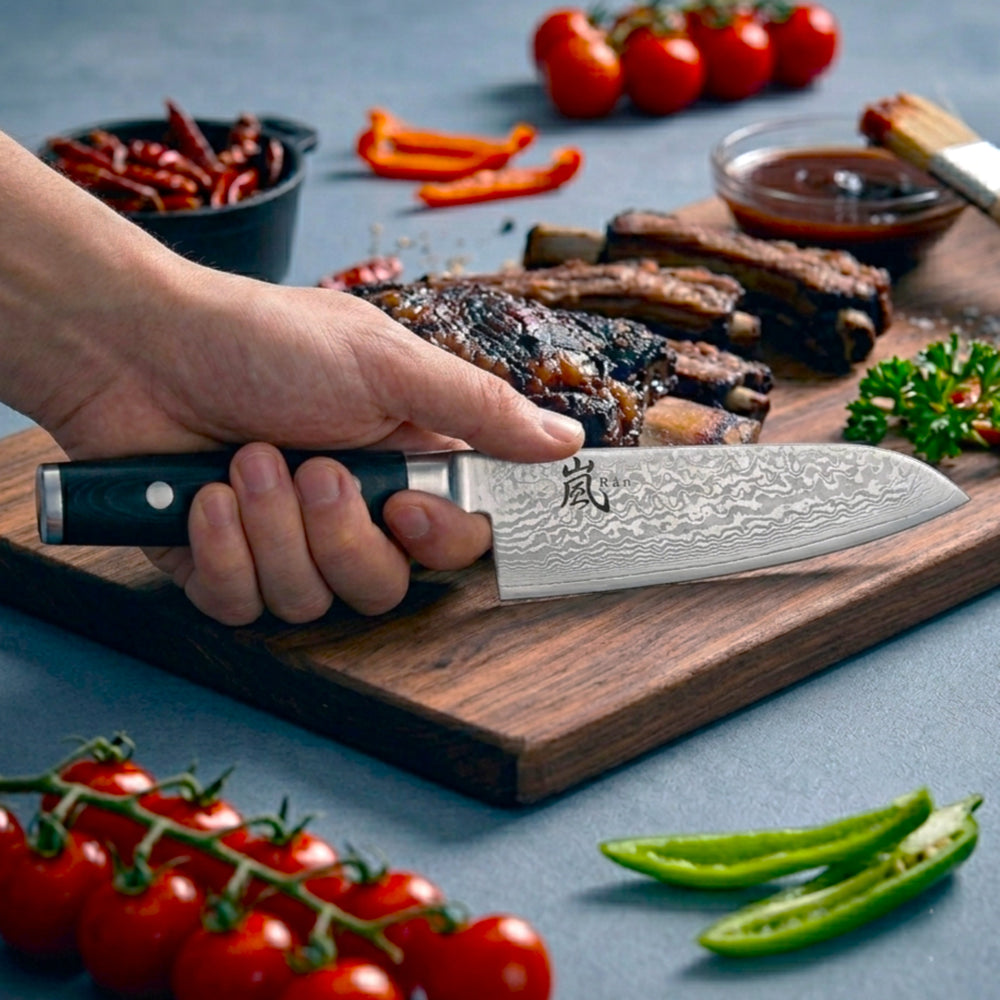 Cuchillo Santoku Yaxell Ran 12.5 cm - acero damasco inoxidable de 69 capas - mango de Micarta canvas