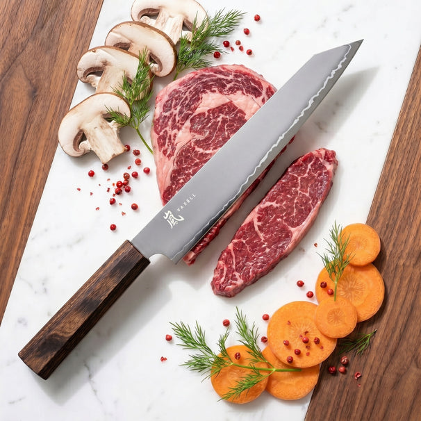 Cuchillo para carne Yaxell Hana 23 cm - acero inoxidable de 3 capas - mango de madera de pakka marrón oscuro