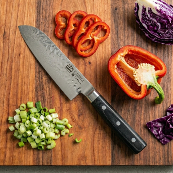 Cuchillo Santoku Yaxell Zen 16.5 cm - acero damasco inoxidable de 37 capas - mango de Micarta canvas