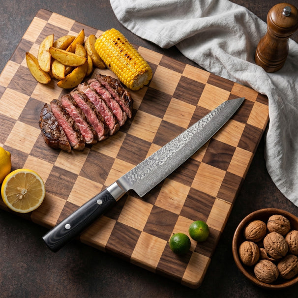 Cuchillo para carne Yaxell Zen 23 cm - acero damasco inoxidable de 37 capas - mango de Micarta canvas